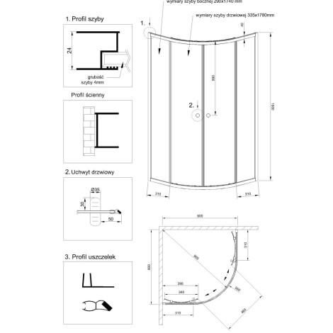 Invena Parla kabina prysznicowa szkło grafitowe 90x90cm-rys tech
