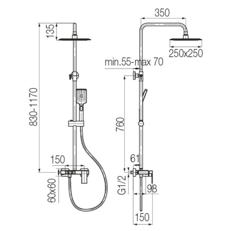 Valvex Ars deszczownia kwadratowa z baterią natryskową chrom