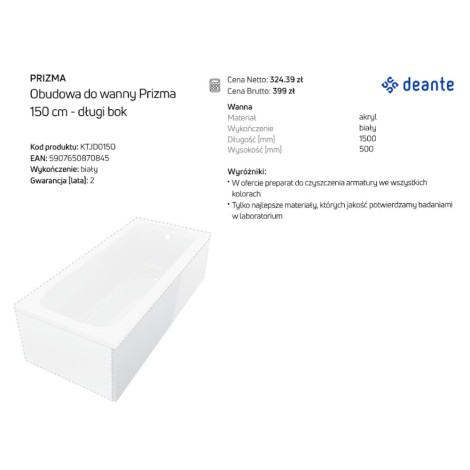 Deante obudowa do wanny prizma 150cm wys.50cm 