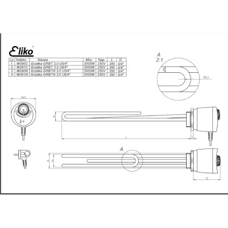 Eliko grzałkoa GRBT 3000W U 5/4"  z kołnierzem mosiężnym w powłoce galwanicznej