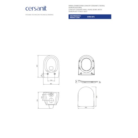 Cersanit Luna By Cersanit Clean On miska zawieszana z deską Slim duroplastowa biała
