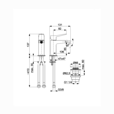 Kfa Malaga bateria bidetowa stojaca chrom - rysunek techniczny.