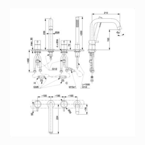 Kfa Moza bateria wannowa 4- otworowa chrom - rysunek techniczny.