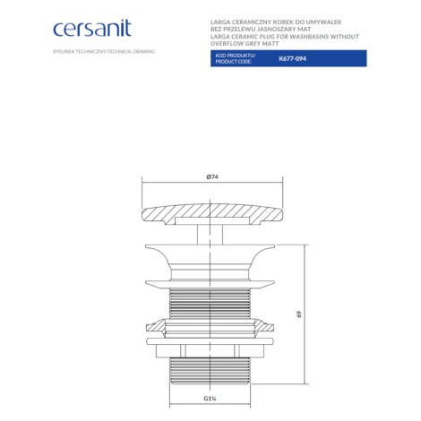 Cersanit Larga ceramiczny korek do umywalek bez przelewu jasnoszary mat