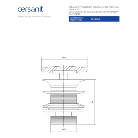 Cersanit Larga ceramiczny korek do umywalek bez przelewu biały