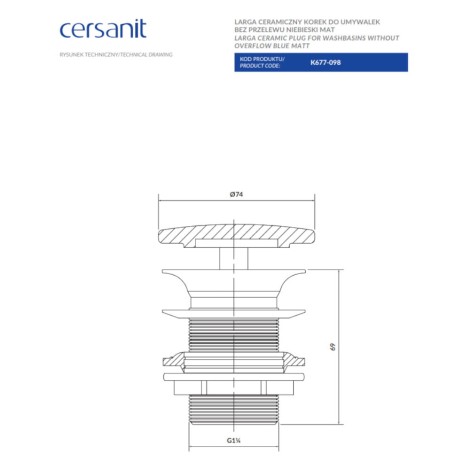 Cersanit Larga ceramiczny korek do umywalek bez przelewu niebieski mat