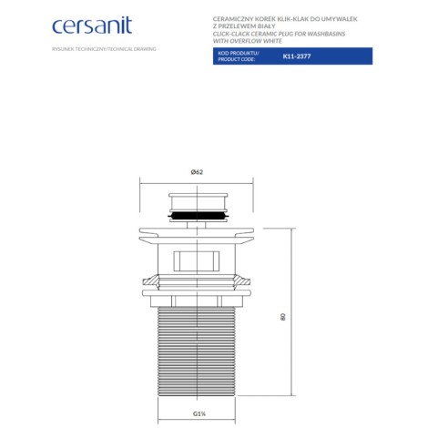 Cersanit Larga Eurowhite ceramiczny korek klik klak do umywalek z przelewem
