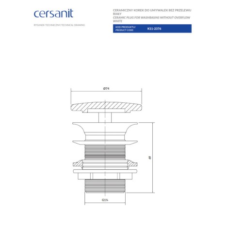 Cersanit Eurowhiite ceramiczny korek do umywalek bez przelewu biały