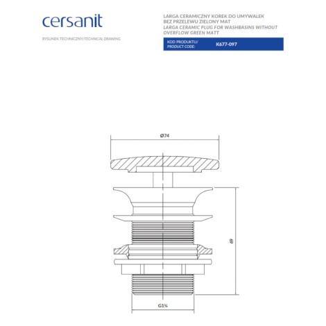 Cersanit Larga ceramiczny korek do umywalek bez przelewu zielony mat
