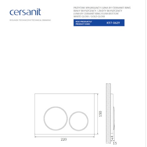 Cersanit Luna Ring przycisk spłukujący mechaniczny biały połysk z detalem złoty połysk.