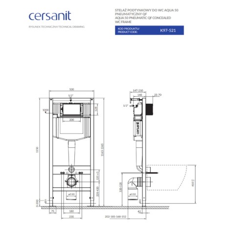 Cersanit Aqua 50  zestaw podtynkowy pneumatyczny, miska zawieszana z deską