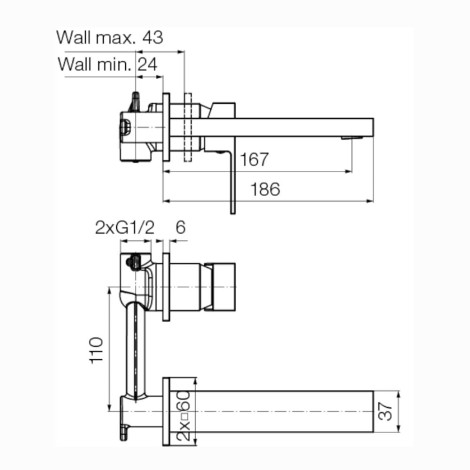Valvex Ars bateria umywalkowa podtynkowa gun metal - rysunek techniczny.