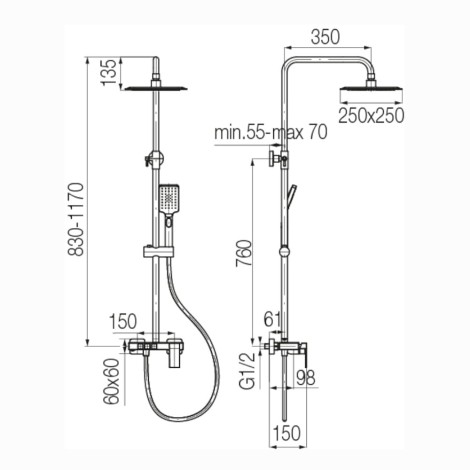 Valvex Ars deszczownia kwadratowa z baterią termostattyczną 3- funkcyjną black - rysunek techniczny