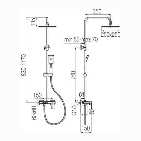 Valvex Ars deszczownia kwadratowa z baterią natryskową gun metal - rysunek techniczny.