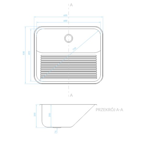 Kuchinox Eko zlewozmywak gospodarczy gładki inox wolnowiszący 53x63,5x25,5 cm-rys.tech.
