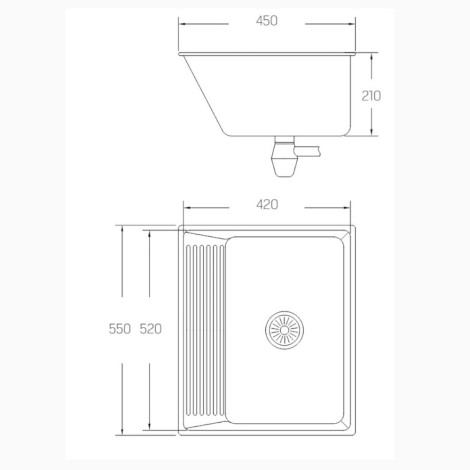 Kuchinox Chios zlewozmywak gospodarczy stalowy gładki 45x55x21,5 cm-rys.tech.