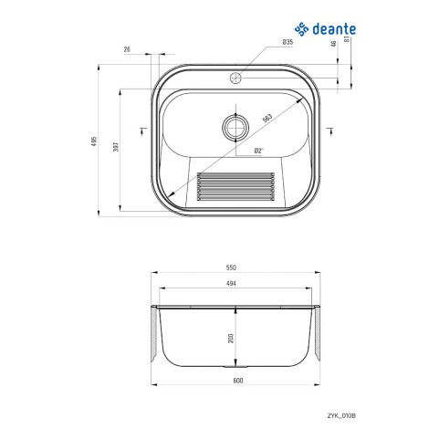 Deante zlewozmywak gospodarczy 1-komorowy stalowy 550x495x220 z otworem na baterię + osprzęt.