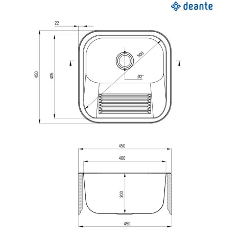 Deante zlewozmywak gospodarczy 1-komorowy stalowy 450x450x200  bez otworu na baterię + osprzęt.