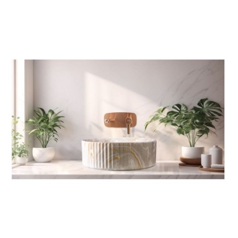 Invena Glamour umywalka nablatowa ryflowana okrągła 36x36 cm beż połysk marmur