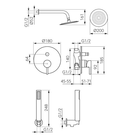 Ferro Ciriculus zestaw podtynkowy okrągła deszczownica z baterią i zestawen natryskowym chrom