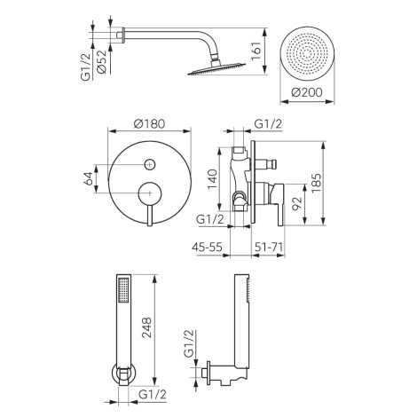 Ferro Ciriculus zestaw podtynkowy okrągła deszczownica z baterią i zestawen natryskowym gun metal