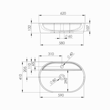 Elita Babette umywalka nablatowa 62x41 cm biała - rysunek techniczny.