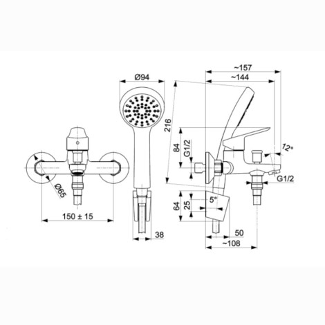 Kfa Sparc bateria wannowa z natryskiem punktowym chrom - rysunek techniczny.