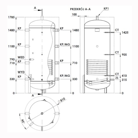 Elektromet zbiornik buforowy z wężownicą WGJ-B PSTW+ stojący do pomp ciepła i kotłów c.o. 400 l