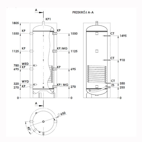 Elektromet zbiornik buforowy z wężownicą WGJ-B PSTW+ stojący do pomp ciepła i kotłów c.o. 300 l