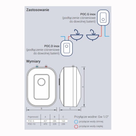 Kospel POC 5 Inox 5 l pojemnościowy ogrzewacz wody podumywalkowy bez baterii