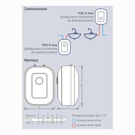 Kospel POC 10 Inox 10 l pojemnościowy ogrzewacz wody podumywalkowy bez baterii