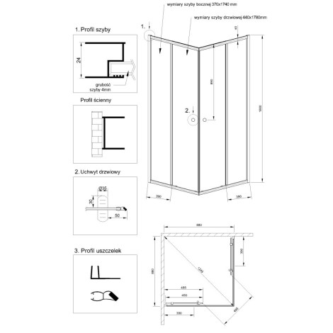 Invena Parla kabina prysznicowa szkło mrożone 90x90x180cm-rysunek tech 