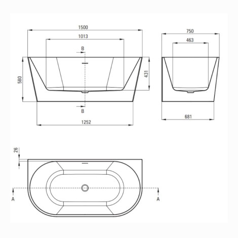 Deante Silia wanna przyścienna wolnostojąca 150 cm - rysunek techniczny.