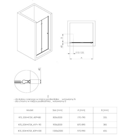 Deante Kerria Plus drzwi wnękowe skłądane, profil czarny 100 cm - rysunek techniczny.