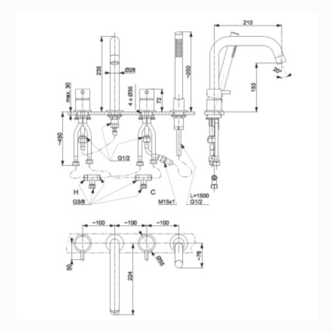 Kfa Moza Bateria wannowa 4-otworowa black - rysunek techniczny.