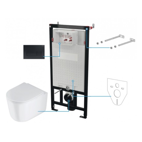 Deante Jasmin miska WC wisząca bezkołnierzowa wirowa + deska + stelaż + przycisk czarny