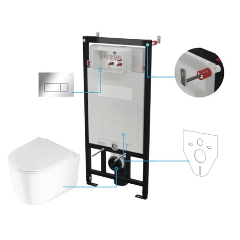 Deante Jasmin miska WC wisząca bezkołnierzowa wirowa + deska + stelaż + przycisk chrom
