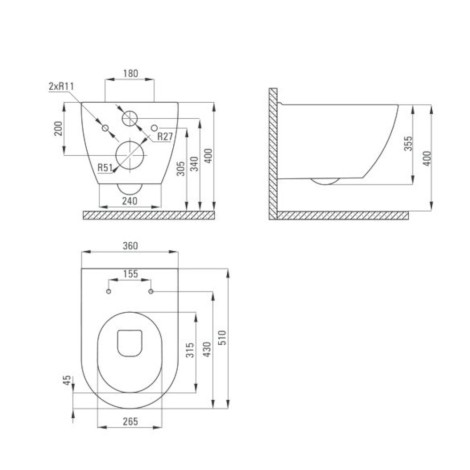 Deante Oregano miska WC wisząca bezkołnierzowa w zestawie z deską wolnoopadającą - rys. tech.