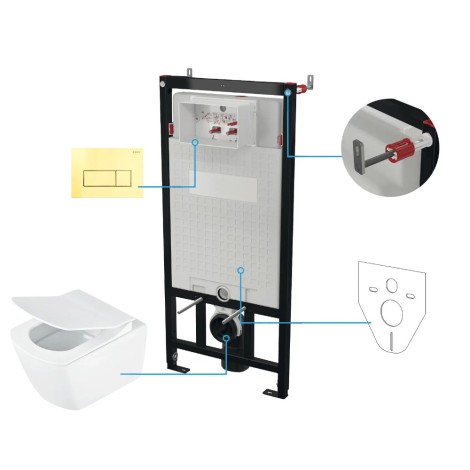 Deante Blur miska WC wisząca bezkołnierzowa + deska + stelaż + przycisk złoty