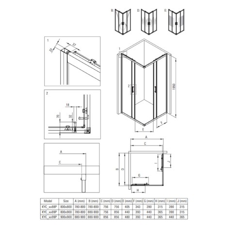 Deante Funkia Evo kabina prysznicowa kwadratowa titanium 80x80cm- rysunek techniczny