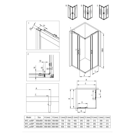 Deante Funkia Evo kabina prysznicowa prostokątna chrom 80x90cm- rysunek techniczny