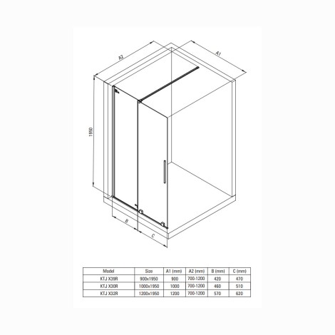 Deante Jasmin ścianka prysznicowa przesuwna walk-in czarna 120 x 195 cm - rysunek techniczny.