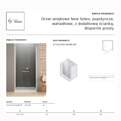 New Trendy New Soleo drzwi wnękowe pojedyncze wahadłowe z dodatkową ścianką, wspornik prosty 120 cm