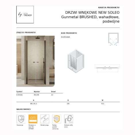 New Trendy New Soleo drzwi wnękowe wahadłowe podwójne 90 cm gunmetal