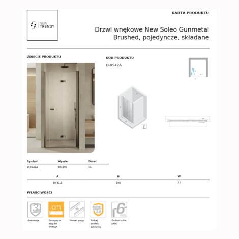 New Trendy New Soleo drzwi wnękowe składane pojedyncze lewe 90 cm gunmetal