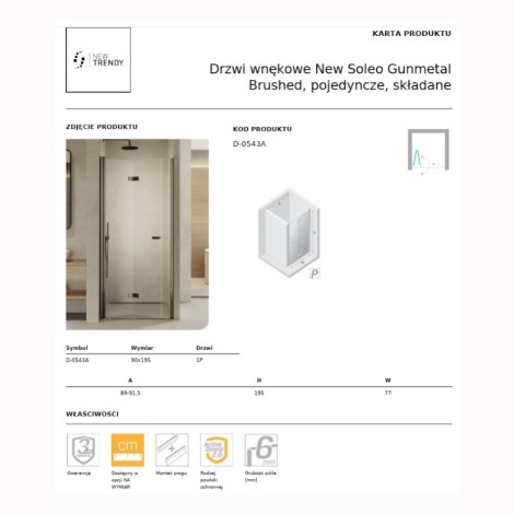 New Trendy New Soleo drzwi wnękowe składane pojedyncze prawe 90 cm gunmetal