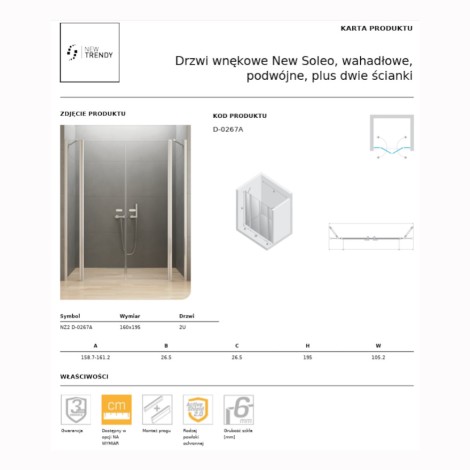 New Trendy New Soleo drzwi wnękowe wahadłowe podwójne plus dwie ścianki 160 cm chrom