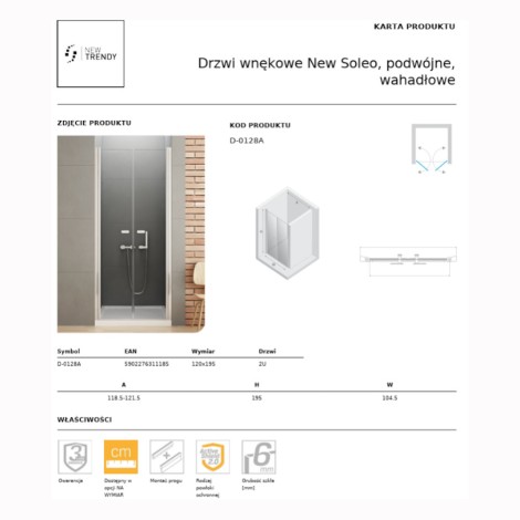New Trendy New Soleo drzwi wnękowe wahadłowe podwójne 120 cm chrom