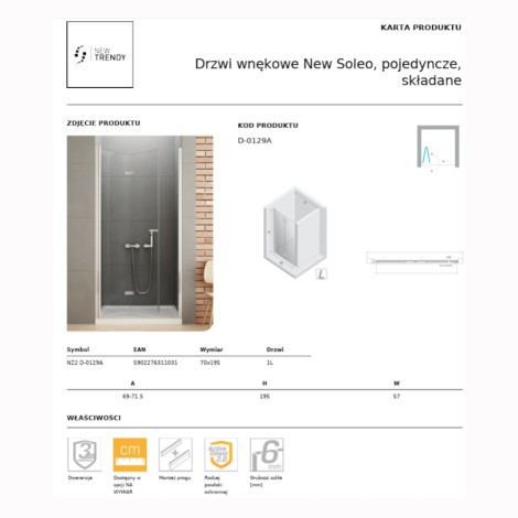New Trendy New Soleo drzwi wnękowe składane pojedyncze lewe 70 cm chrom