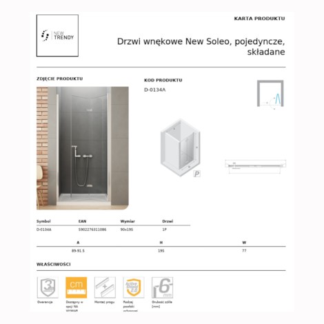 New Trendy New Soleo drzwi wnękowe składane pojedyncze prawe 90 cm chrom